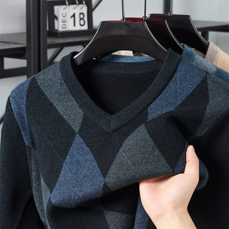 Winter Plaid V-neck Long Sweater
