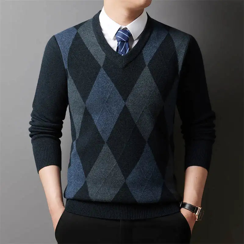 Winter Plaid V-neck Long Sweater