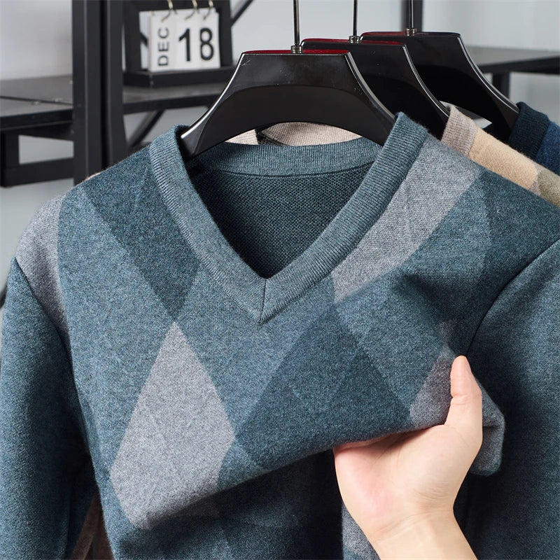 Winter Plaid V-neck Long Sweater