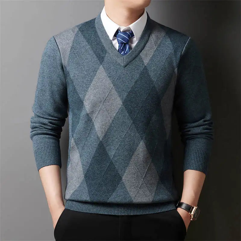 Winter Plaid V-neck Long Sweater