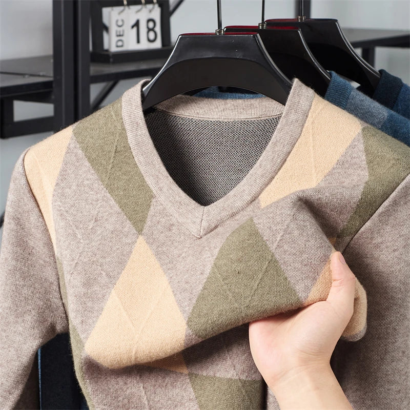 Winter Plaid V-neck Long Sweater