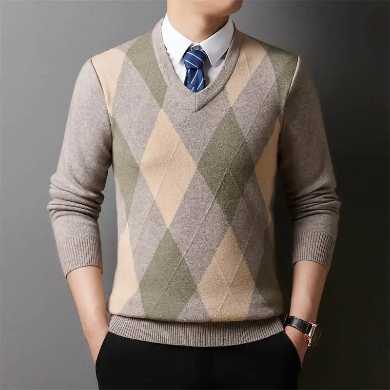 Winter Plaid V-neck Long Sweater